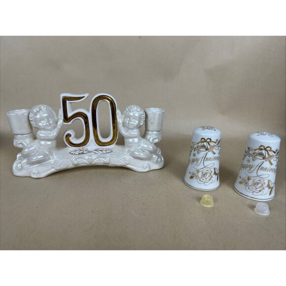 VTG 50 Year Wedding Anniversary Angels Cherubs Candle Holder Korea, Salt &Pepper - Picture 1 of 15